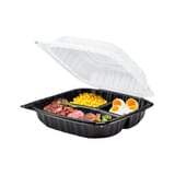 9" x 9" Microwaveable 3-Compartment Black Base with Clear Hinged Lid Plastic Take-out Containers - (150/Case)