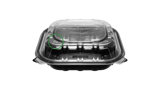 9" x 9" Microwaveable 3-Compartment Black Base with Clear Hinged Lid Plastic Take-out Containers - (250/Case)