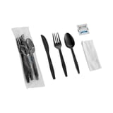 Black Heavy-Weight Wrapped PP Plastic Cutlery Set with Napkin and Salt and Pepper Packets - (250/Case)