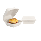 6" x 6" x 3" No PFAS Added 1-Compartment Bagasse Hinged Take-Out Containers - (500/Case)