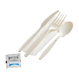 Heavy Weight Beige Wrapped PP Plastic Cutlery Kit - Fork, Knife, Spoon, Napkin, Salt & Pepper - (250/Case)