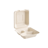 8" x 8" x 2.5" Sugarcane Bagasse Clamshell Light Brown 3-Compartment Take-Out Container - (200/Case)