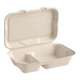 9" x 6" x 3" Sugarcane Bagasse Clamshell Light Brown 2-Compartment Take-Out Container - (200/Case)