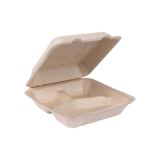9" x 9" x 3" Sugarcane Bagasse Clamshell Light Brown 3-Compartment Take-Out Container - (200/Case)