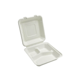 8" x 8" x 2.5" Sugarcane Bagasse Clamshell White 3-Compartment Take-Out Container - (200/Case)
