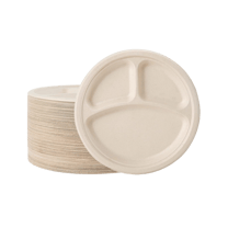 10" Light Brown Sugarcane Bagasse Blend 3 Compartment Plate - (500/Case)