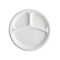 10" White Sugarcane Bagasse Round Plate with 3-Compartment - (500/Case)