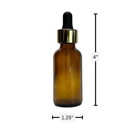 1 oz. (30 ml) Amber Boston Round Glass Bottle with Black Bulb & Gold Dropper