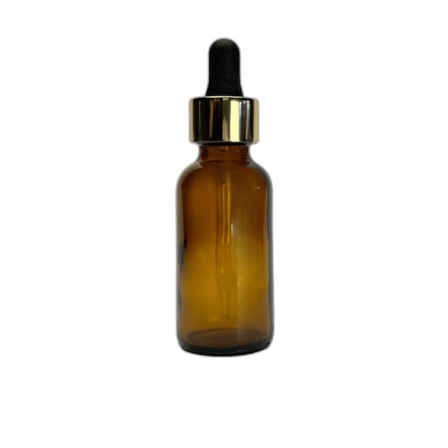 1 oz. (30 ml) Amber Boston Round Glass Bottle with Black Bulb & Gold Dropper