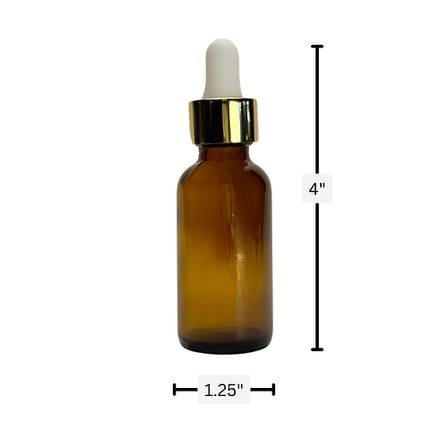 1 oz. (30 ml) Amber Boston Round Glass Bottle with White Bulb & Gold Dropper
