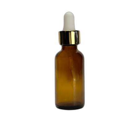 1 oz. (30 ml) Amber Boston Round Glass Bottle with White Bulb & Gold Dropper