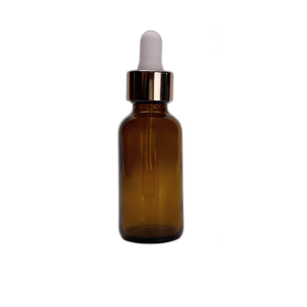 1 oz. (30 ml) Amber Boston Round Glass Bottle with White Bulb & Rose Gold Dropper