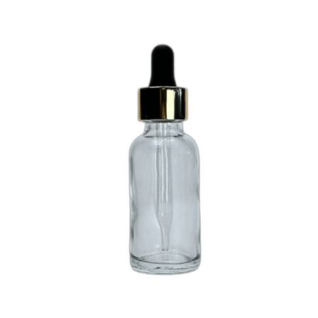 1 oz. (30 ml) Clear Boston Round Glass Bottle with Black Bulb & Gold Dropper