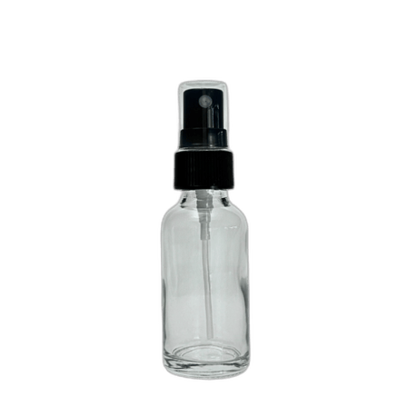 1 oz. (30 ml) Clear Boston Round Glass Bottle with Black Fine Mist Sprayer