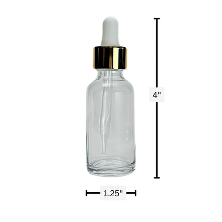 1 oz. (30 ml) Clear Boston Round Glass Bottle with White Bulb & Gold Dropper