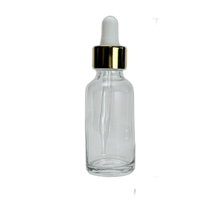 1 oz. (30 ml) Clear Boston Round Glass Bottle with White Bulb & Gold Dropper