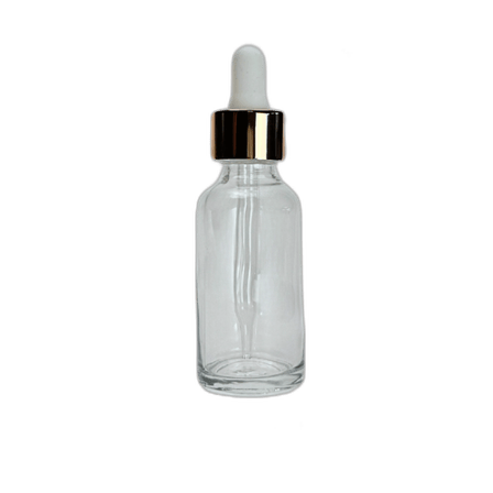 1 oz. (30 ml) Clear Boston Round Glass Bottle with White Bulb & Rose Gold Dropper