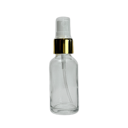1 oz. (30 ml) Clear Boston Round Glass Bottle with White Fine Mist Sprayer, Gold Collar and Clear Overcap