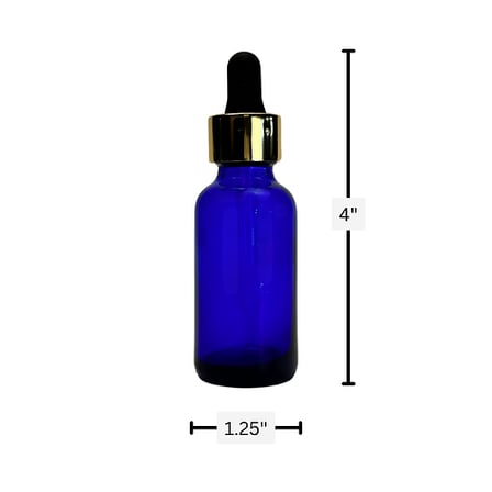 1 oz. (30 ml) Cobalt Blue Boston Round Glass Bottle with Black Bulb & Gold Dropper