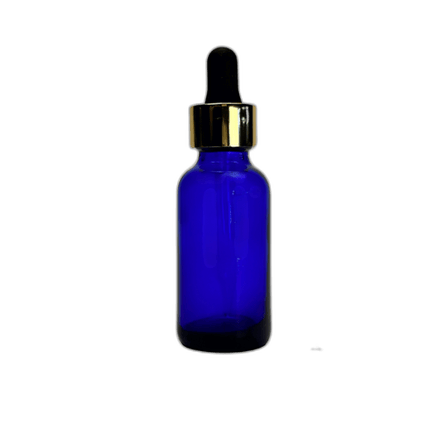 1 oz. (30 ml) Cobalt Blue Boston Round Glass Bottle with Black Bulb & Gold Dropper