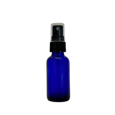 1 oz. (30 ml) Cobalt Blue Boston Round Glass Bottle with Black Fine Mist Sprayer and Clear Overcap