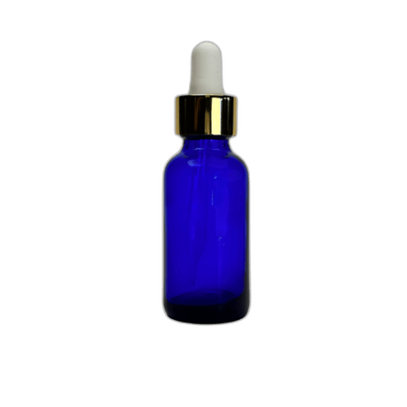 1 oz. (30 ml) Cobalt Blue Boston Round Glass Bottle with White Bulb & Gold Dropper