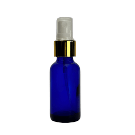 1 oz. (30 ml) Cobalt Blue Boston Round Glass Bottle with White Fine Mist Sprayer, Gold Collar and Clear Overcap