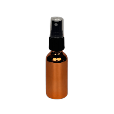 1 oz. (30 ml) Copper Boston Round Glass Bottle with Black Fine Mist Sprayer and Clear Overcap