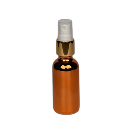 1 oz. (30 ml) Copper Boston Round Glass Bottle with White Fine Mist Sprayer, Gold Collar and Clear Overcap