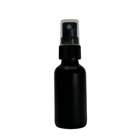 1 oz. (30 ml) Matte Black Boston Round Glass Bottle with Black Fine Mist Sprayer and Clear Overcap