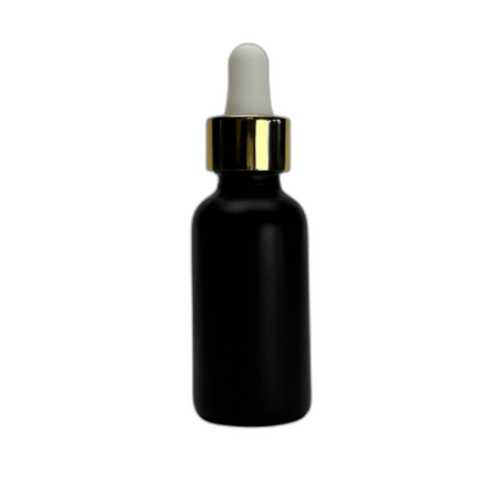 1 oz. (30 ml) Matte Black Boston Round Glass Bottle with White Bulb & Gold Dropper