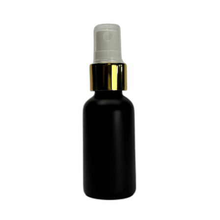 1 oz. (30 ml) Matte Black Boston Round Glass Bottle with White Fine Mist Sprayer, Gold Collar and Clear Overcap