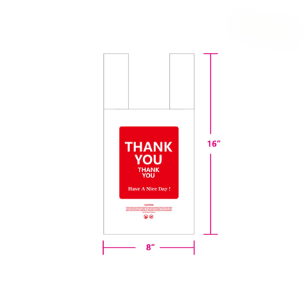 #1 White Plastic T-Shirt Bag 12.5 Mic "Thank You" Print 8"× 6"× 16" - (1000/Case)