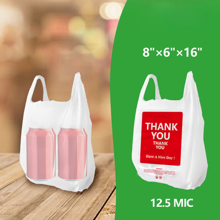 #1 White Plastic T-Shirt Bag 12.5 Mic "Thank You" Print 8"× 6"× 16" - (1000/Case)