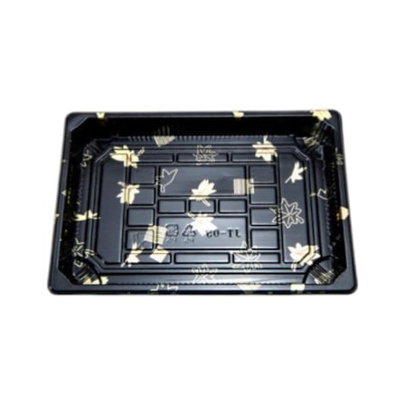 10.22” x 7.2” x 0.87” Black sushi container with gold pattern.jpg