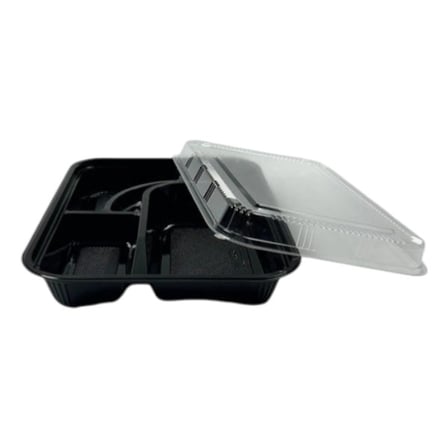 5-Compartment black disposable plastic bento box with clear lid (Medium).jpg