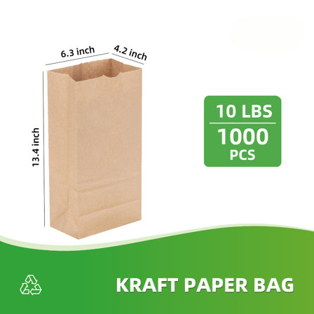 10 lb Kraft Paper Bags 6.3" x 4.2" x 13.4" - (1000/Case)