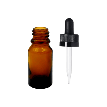 10 ml Amber Euro Round Glass Bottle with 18-400 Black CRC Dropper - Straight-Tip Glass Pipette