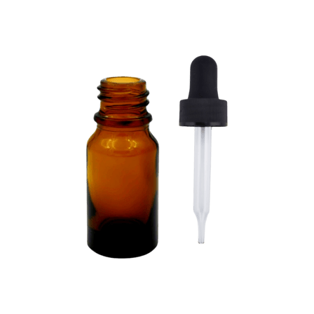 10 ml Amber Euro Round Glass Bottle with 18-400 Black Non-CRC Dropper - Straight-Tip Glass Pipette