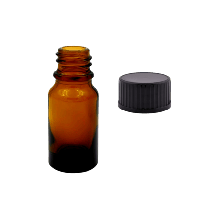 10 ml Amber Euro Round Glass Bottle with 18-400 Black Polypropylene Polycone lined Cap