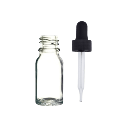 10 ml Clear (Flint) Euro Round Glass Bottle with 18-400 Black Non-CRC Dropper - Straight-Tip Glass Pipette
