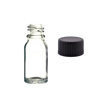 10 ml Clear (Flint) Euro Round Glass Bottle with 18-400 Black Polypropylene Polycone lined Cap