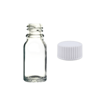 10 ml Clear (Flint) Euro Round Glass Bottle with 18-400 White Phenolic Polycone lined Cap
