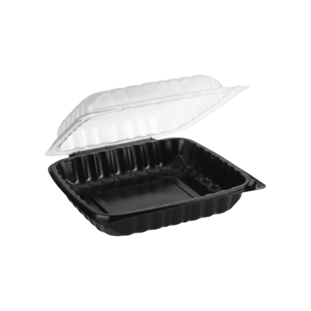 10'' x 10'' Microwaveable 1-compartment black base with clear hinged lid plastic take-out container.png