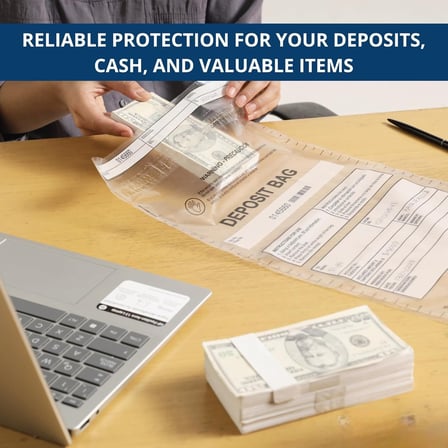 Clear 10" x 13" deposit bag holds a bundle of cash