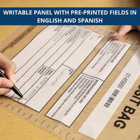 Writable plastic cash deposit bag with English and Spanish pre-printed fields