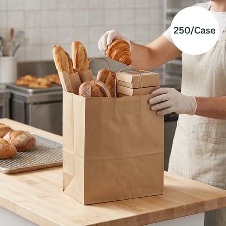 10 x 6.5 x 13 Kraft Paper Shopping Bag with Handles and Showing Food Inside.png