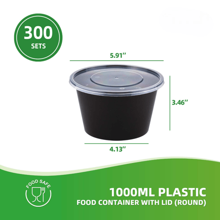 1000 ml Black Round Plastic Food Containers with Lids - (300/Case)