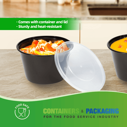 1000 ml Black Round Plastic Food Containers with Lids - (300/Case)