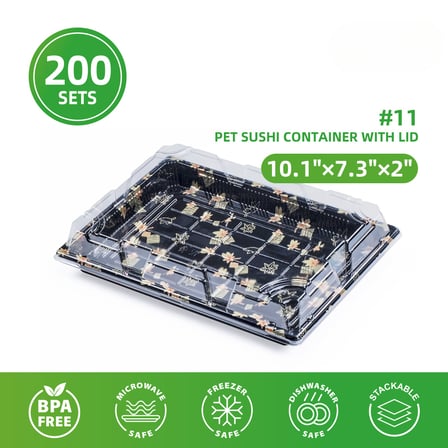 10.1" x 7.3" x 2" Black PET plastic sushi container shown with dimensions and specifications.jpg